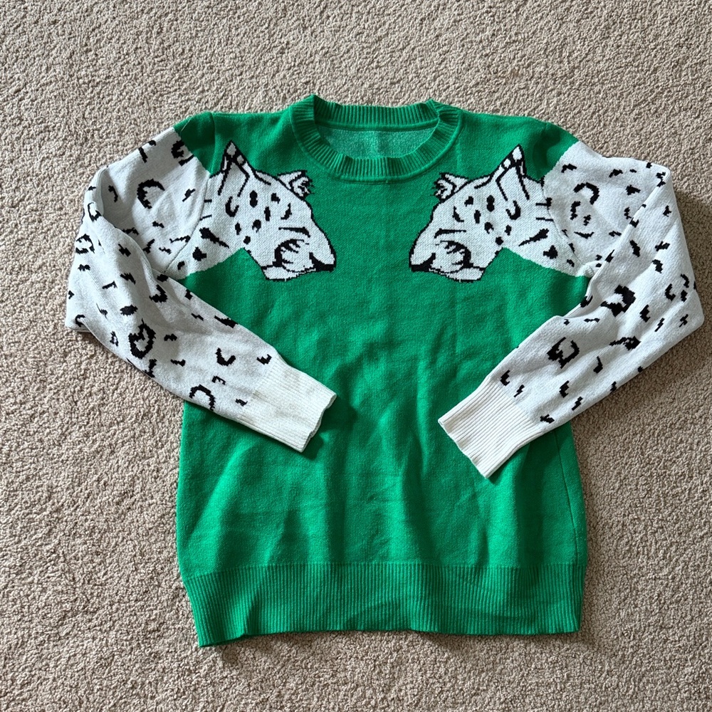 Green Sweater with White Leopard Motif